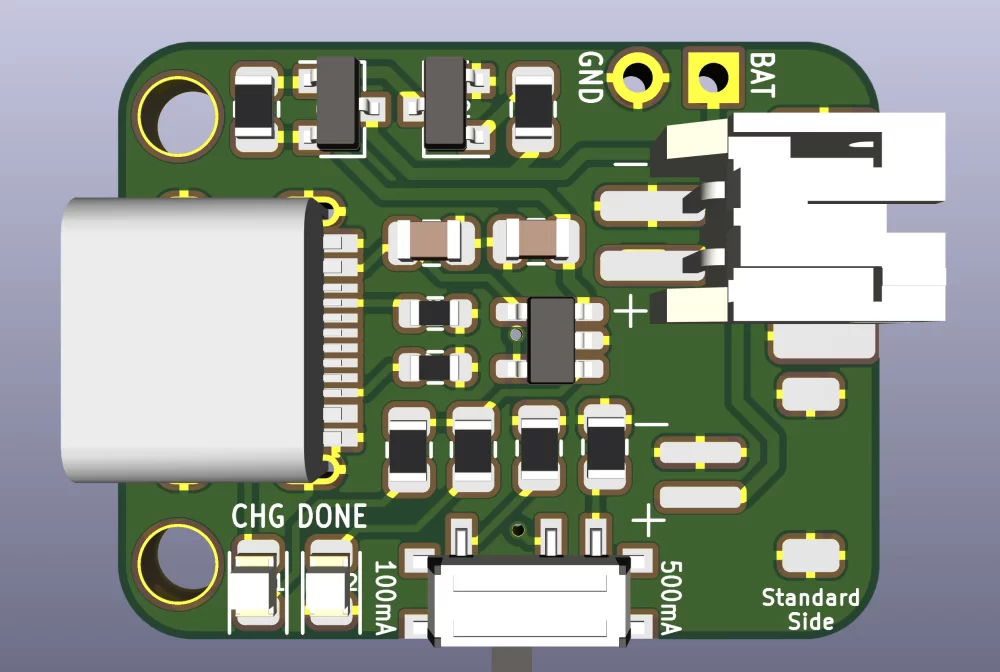 KiCAD render of the top side of the LiPo charger board